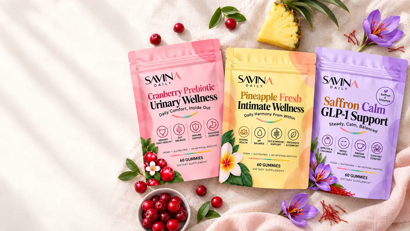 The three Savina Daily pouches on linen with cranberries, pineapple and saffron flowers