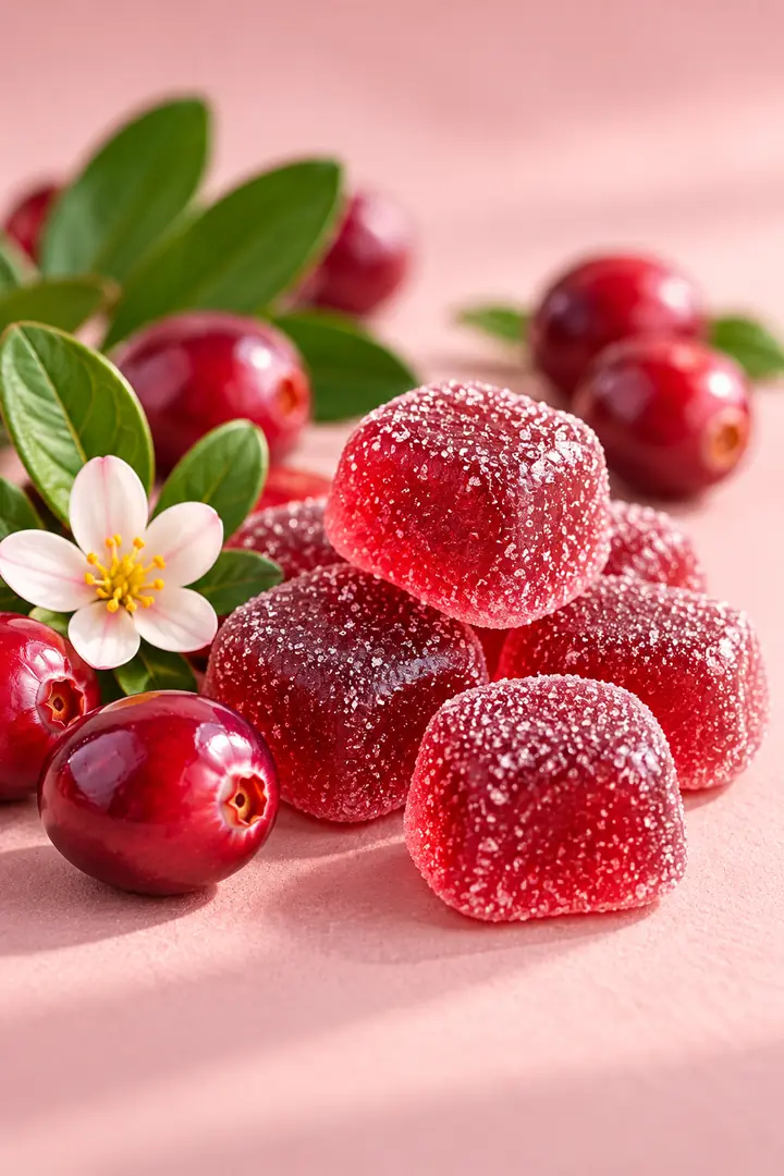 Cranberry gummies with fresh cranberries and a cranberry flower