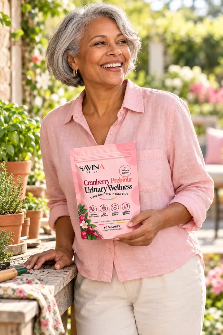 Woman smiling in a sunny garden holding the Cranberry Prebiotic pouch