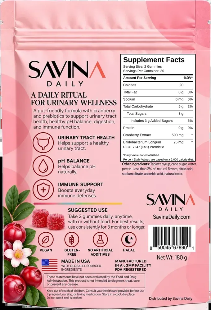 Back of the Cranberry Prebiotic pouch with Supplement Facts
