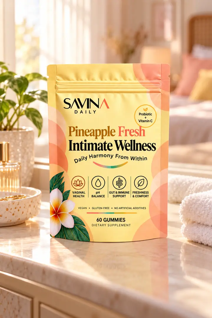 Pineapple Fresh pouch on a bright bedroom vanity next to a plant and towels