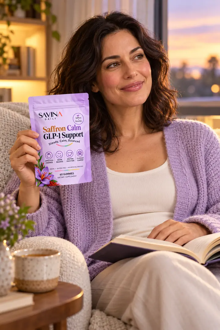 Woman in a lilac cardigan relaxing with a book, holding the Saffron Calm pouch