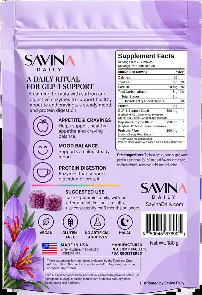Back of the Saffron Calm pouch with Supplement Facts